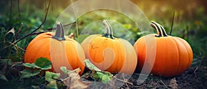 Autumn Halloween pumpkins. Orange pumpkins over nature background pumpkin on grass Generative AI