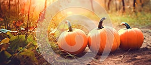 Autumn Halloween pumpkins. Orange pumpkins over nature background pumpkin on grass Generative AI