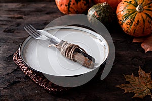 Autumn Halloween or thanksgiving day table setting. Thanksgiving