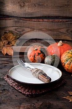 Autumn Halloween or thanksgiving day table setting. Thanksgiving