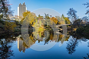 Autumn In Hamburg Park With Lake Reflection