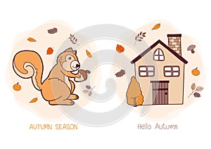 Autumn hand drawn with Autumn Cottage and Squirrel on Cozy Background vector