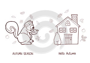 Autumn hand drawn doodle with Autumn Cottage and Squirrel vector