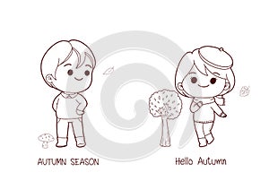 Autumn hand drawn doodle with girl and boy enjoying outdoor fall autumn vector