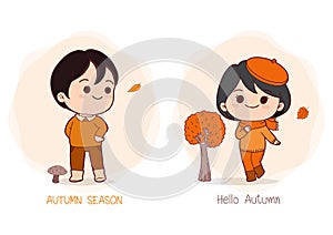 Autumn hand drawn with girl and boy enjoying outdoor fall autumn background vector