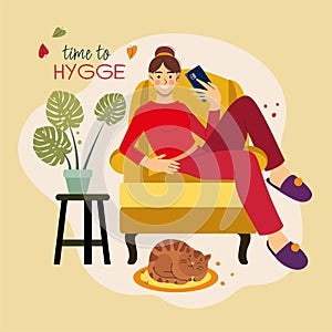 Autumn Hand drawn Vector Illustration with Relaxing Girl at home. Hygge Lifestyle