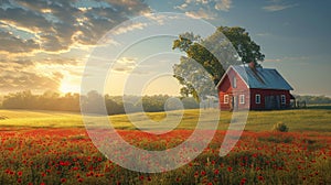 Autumn Harmony: Red Barn in Open Field