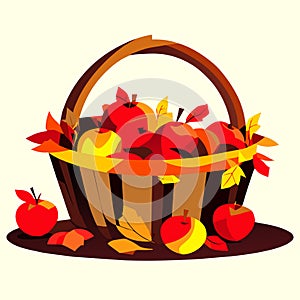 Autumn harvest. Basket with apples and leaves. Vector illustration. Generative AI