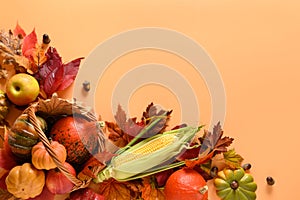 Autumn harvest in basket, pumpkins, apple, corncob, colorful leaves. Thanksgiving Day mock up. View from above.