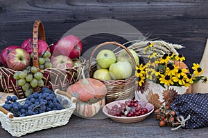 Autumn harvest of berries, fruits, vegetables and a bouquet of yellow flowers.