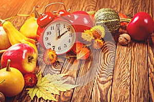 Autumn harvest concept. Fall fruit and vegetables on wooden background. Thanksgiving day. Autumn card with vintage alarm clock, co