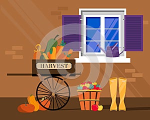 Autumn harvest concept with Wooden cart full of pumpkins.Facade of village house,window with shutters,barrel with apples.