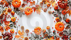 Autumn Harvest: Dried Leaves, Pumpkins, Flowers, and Berries on White Background. Perfect for Halloween and Thanksgiving. Top