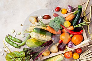 Autumn harvest farm vegetables and root crops on wooden box top view. Healthy food background.