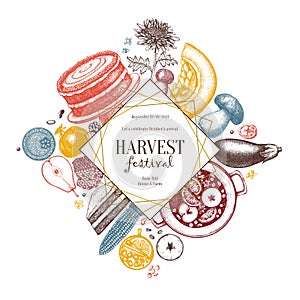 Autumn harvest festival flyer template. Vintage menu design with hand drawn food, drinks, fruits, vegetables, flowers.