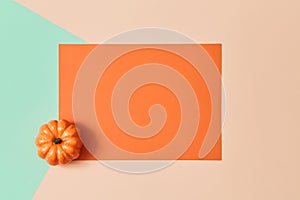 Autumn harvest festival. Happy thanksgiving. Thanksgiving card, place for text. Orange frame and pumpkin. Copy space