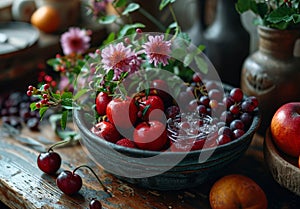 Autumn harvest. Fresh fruits and berries on wooden table rustic style