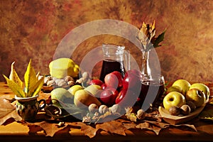 Autumn harvest: fruits, leaves and wine