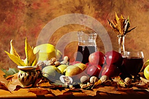 Autumn harvest: fruits, leaves and wine