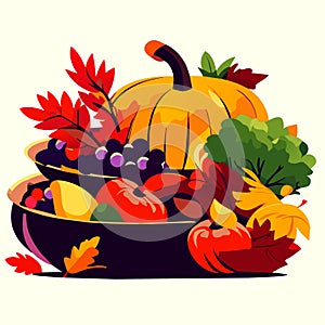 Autumn harvest. Fruits and vegetables in a bowl. Vector illustration. AI generated