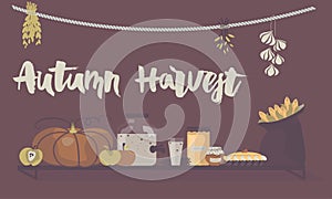 Autumn Harvest hand lettering and vector illustration of food