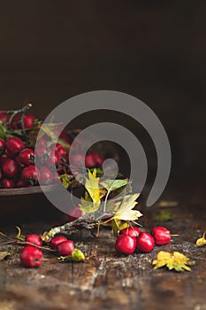 Autumn harvest Hawthorn berry with leaves in bowl on a wooden ta