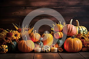 Autumn Harvest and Holiday still life. Selection of various pumpkins on dark wooden background with copy space. Autumn vegetables