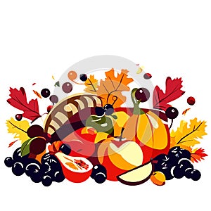 Autumn harvest. Pumpkin, apple, grapes, black currant, melon, apples, pomegranate. Vector illustration Generative AI