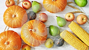 Autumn harvest pumpkin background. Autumn harvest vegetables and fruits. Pumpkins, apples, pears, corn on table. Thanksgiving