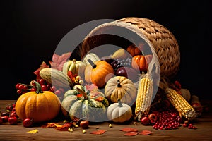 Autumn harvest with pumpkins on a wooden table. Thanksgiving. Vegetables, fruits and flowers