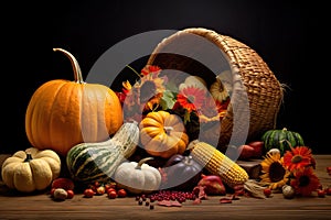 Autumn harvest with pumpkins on a wooden table. Thanksgiving. Vegetables, fruits and flowers