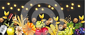 Autumn harvest rich banner Vector realistic. Pumpkin, corn, grapes, wine, walnuts. Detailed 3d design. dark background