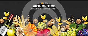 Autumn harvest rich banner Vector realistic. Pumpkin, corn, grapes, wine, walnuts. Detailed 3d design. dark backgrounds