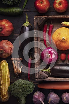 Autumn harvest on a rustic wooden table. Vegetables eggplant pumpkin onion assorted ingredients for salad recipe kitchen