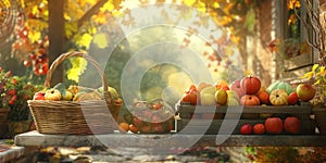 Autumn harvest scene with vegetables in baskets and crates