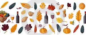 Autumn Harvest Seamless Pattern with Turkeys, Cornucopias, and Wine Glasses on White Background photo