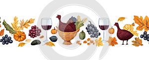 Autumn Harvest Seamless Pattern with Turkeys, Cornucopias, and Wine Glasses on White Background photo