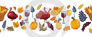 Autumn Harvest Seamless Pattern with Turkeys, Cornucopias, and Wine Glasses on White Background photo