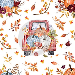 Autumn harvest seamless pattern. Watercolor red vintage truck, pumpkins, orange leaves on white background. Fall wallpapers