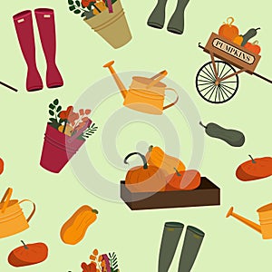 Autumn harvest seamless pattern with wooden cart full of pumpkins,a box of squashes and bucket of flowers.