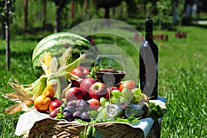 Autumn harvest: seasonal fruits and red wine