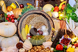 Autumn harvest with seasonal fruits and vegetables organic background Thanksgiving day concept