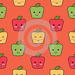 Autumn harvest of Sweet peppers. Vegetable seamless pattern with cute characters smiling at kids.