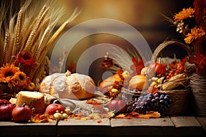 Autumn harvest is on the table. Pumpkins, wheat with bread, grapes. Thanksgiving. Harvest Festival