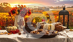 Autumn Harvest Table Setting with Sunflowers and Pumpkins