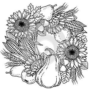 Autumn harvest for thanksgiving day. Vector coloring page for adult. Black and white wreath made with leaves, sunflower