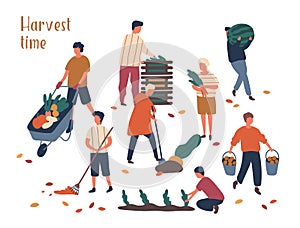 Autumn harvest time flat vector illustrations set. Farmers working in field, gathering crop. Fruits and vegetables fall