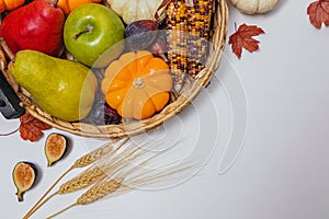 Autumn harvest, top view. Fall vegetables and fruits: corn, pumpkins, fruits and wheat
