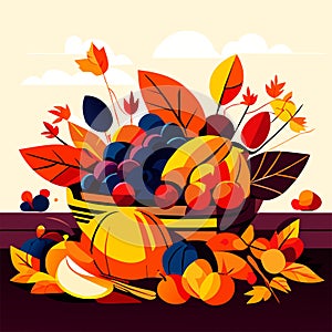 Autumn harvest vector illustration. Fall seasonal fruit and vegetables in basket generative AI
