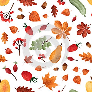 Autumn harvest vector seamless pattern. Seasonal fruits and berries, acorns and leaves texture. Vegetables and foliage